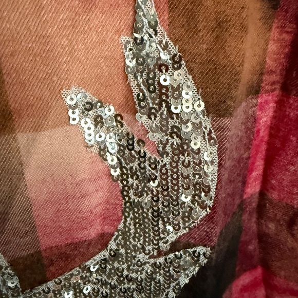 Blleached Red Plaid Button-Up Flannel with Sequin Reindeer, Size 2X - Picture 3 of 13